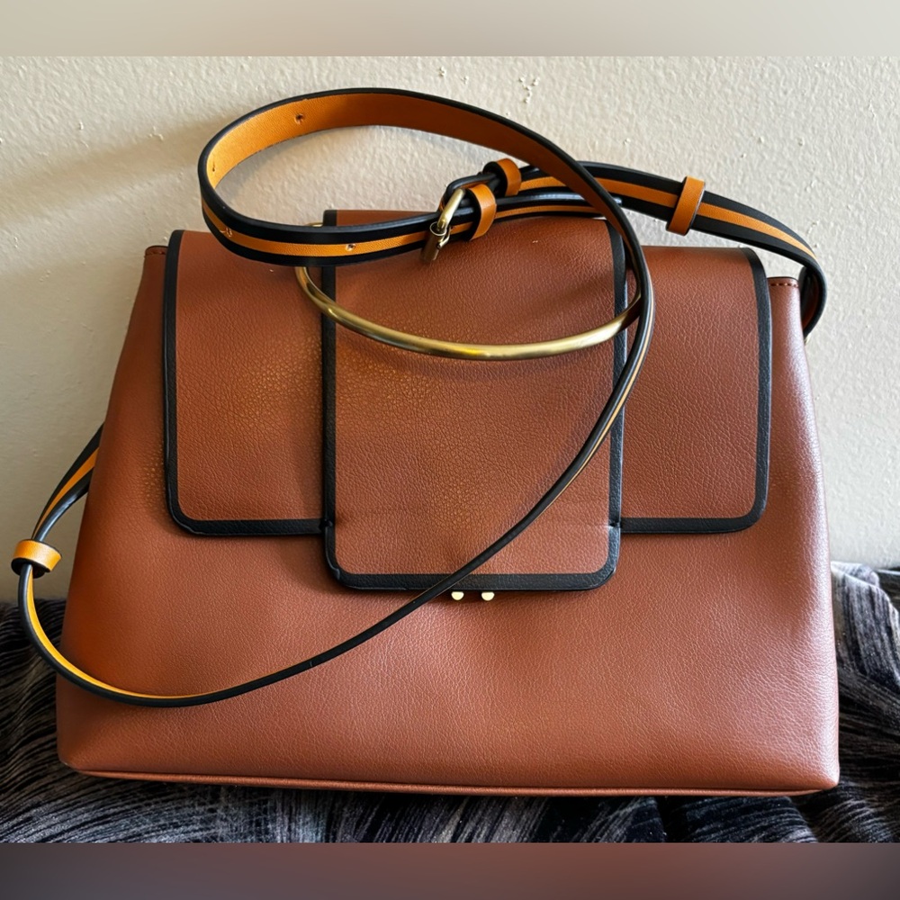 ZARA Cognac City Bag With Gold Metal Handle Crossbody Flap Over Medium Purse